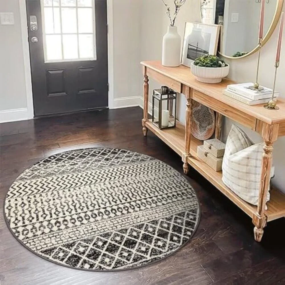 Moroccan Round Rug 3ft, Distressed Entryway Rug Non-Slip Circle Rug